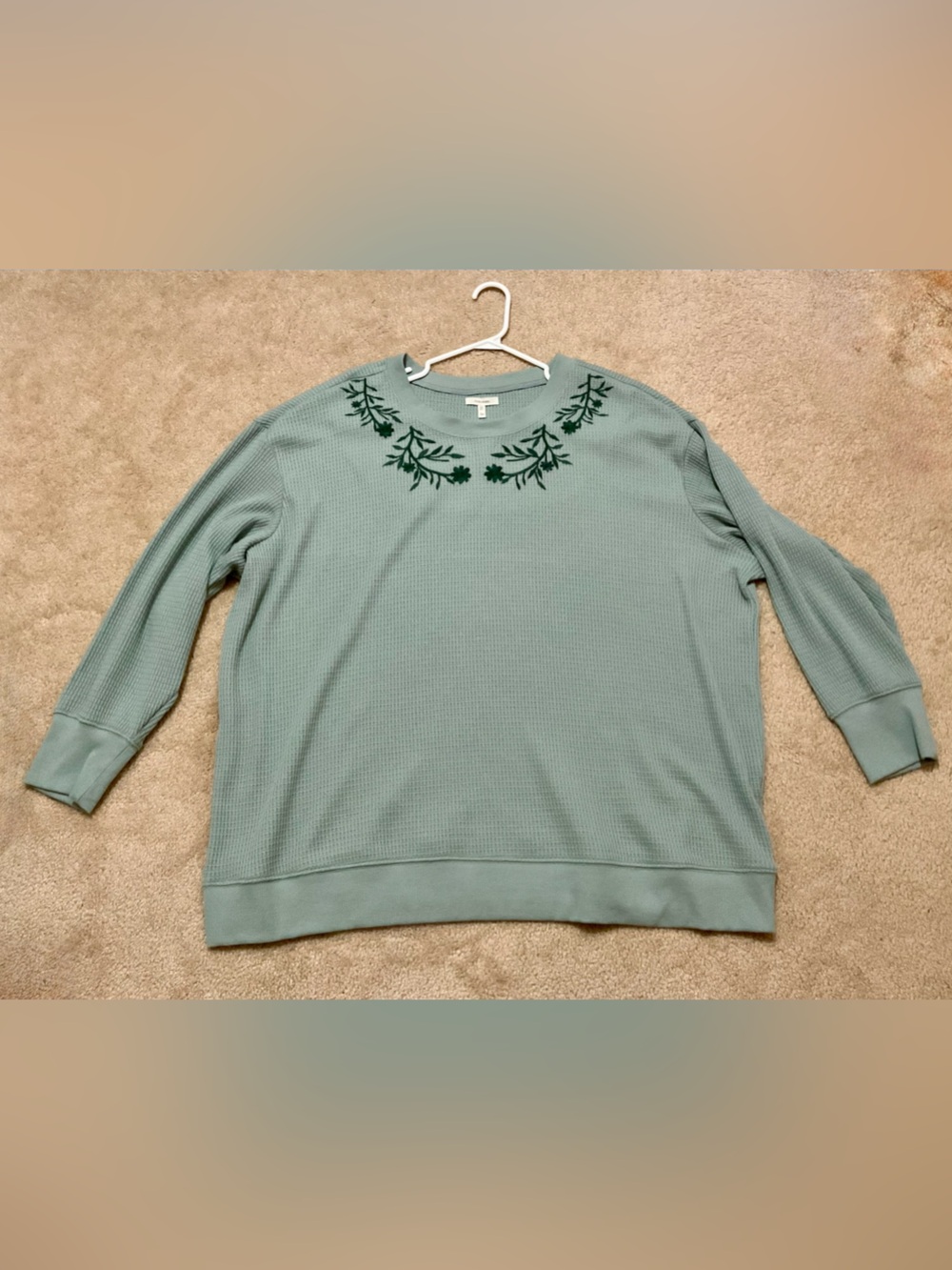 Maurices Sage Green Waffle Knit Sweater with Dark Green Embroidery